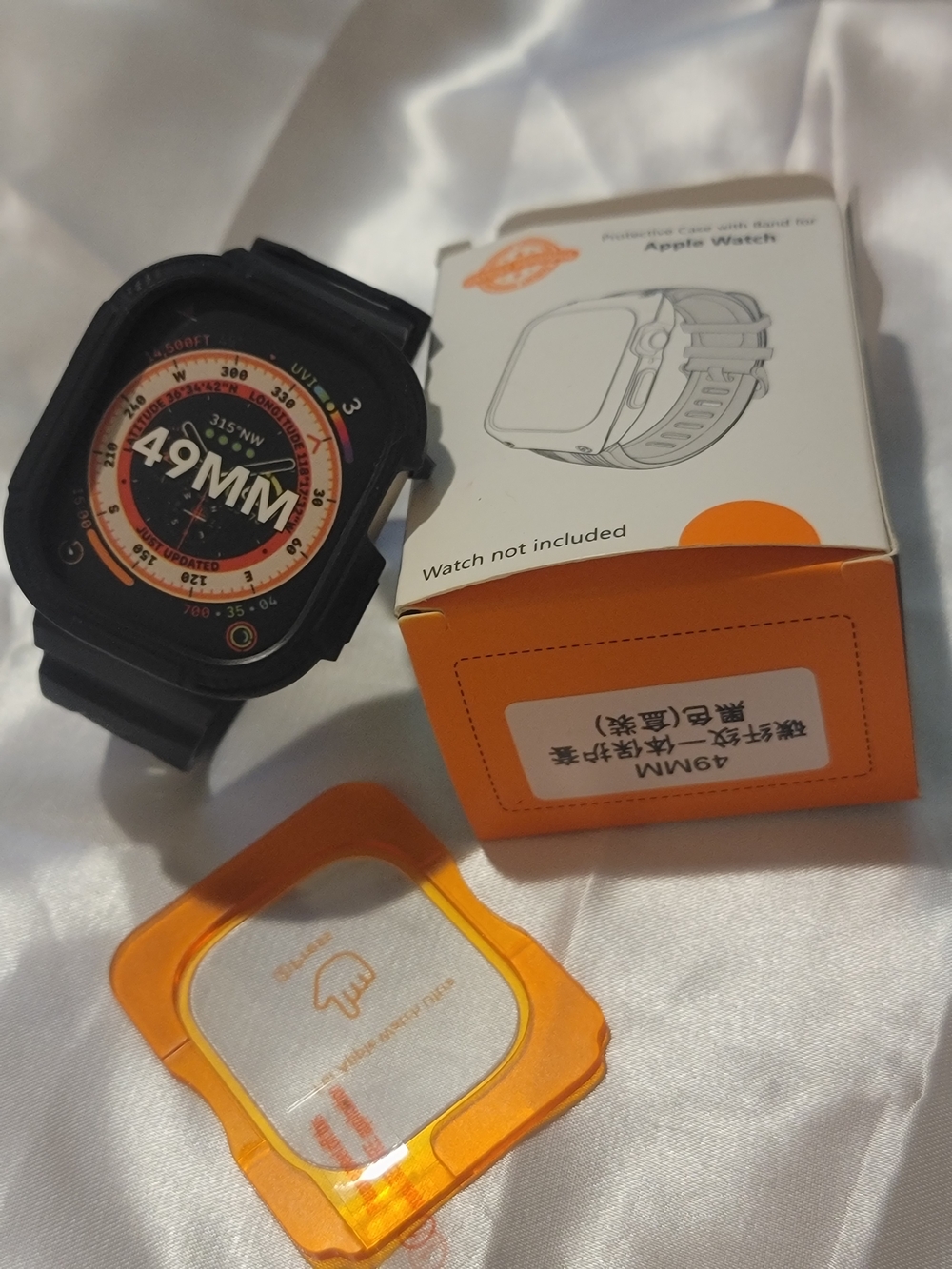 49mm Black Protective Case for Smartwatch with Orange Screen Protector